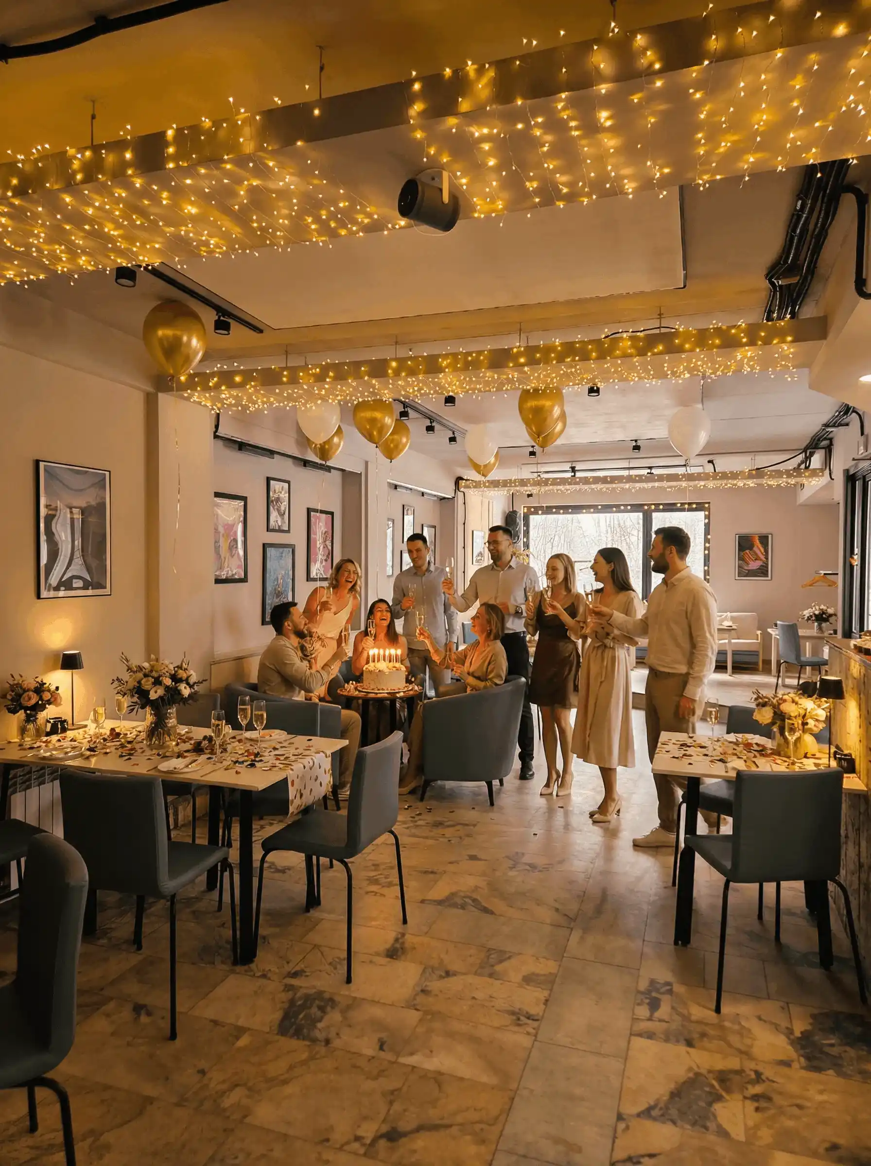 Панорамный вид зала Cafe Latte с гирляндами